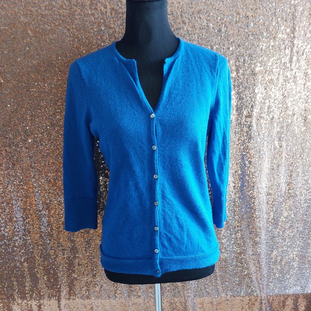 Carole Little Merino Wool Women's Blue V-neck Sweater Cardigan Size M